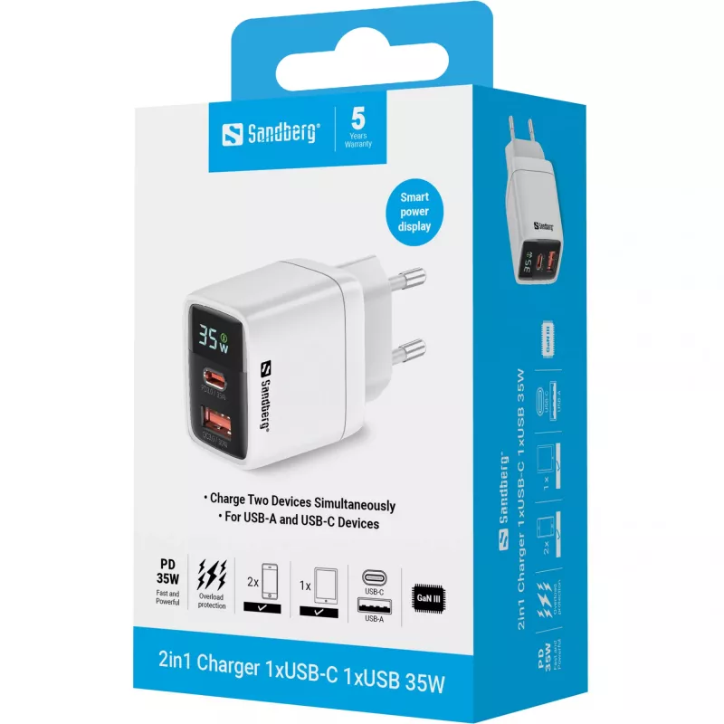Laturi Sandberg 2in1 1xUSB-C 1xUSB 35W Indoor AC Universal