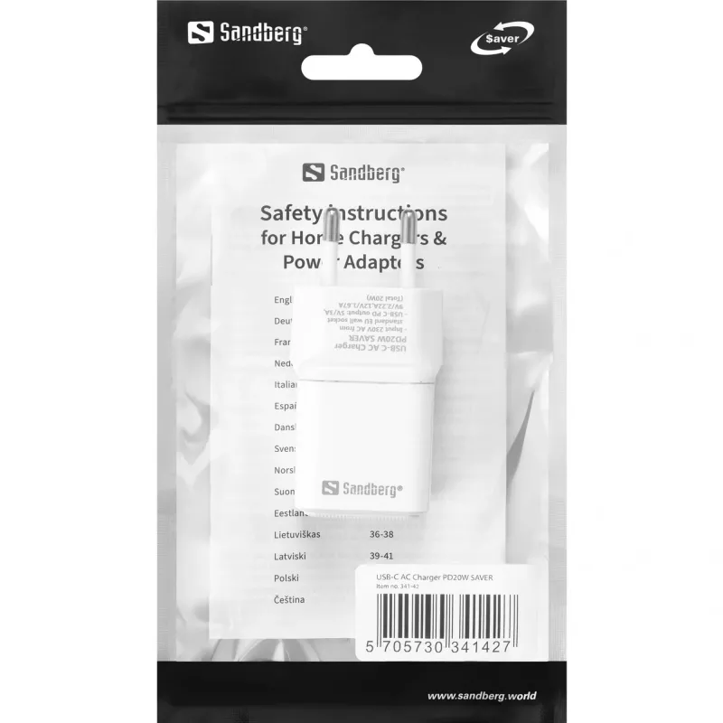 Sandberg USB-C AC -laturi PD20W SAVER, sisäkäyttö, AC, 12 V, 3 A, valkoinen