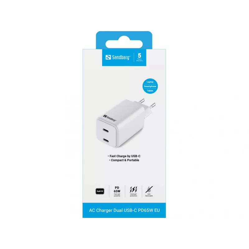 Sandberg AC -laturi Dual USB-C PD65W EU, sisäkäyttö, AC, 20 V, 3,25 A, valkoinen