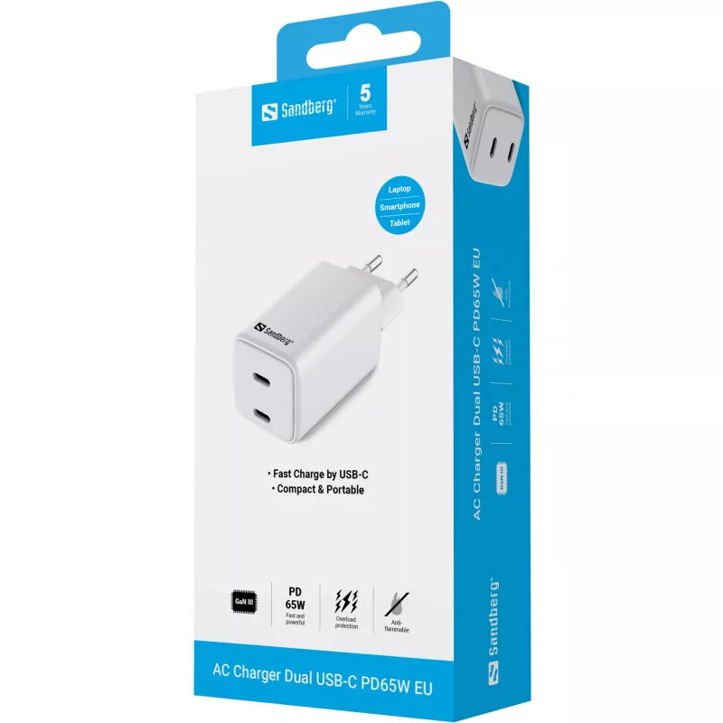 Sandberg AC -laturi Dual USB-C PD65W EU, sisäkäyttö, AC, 20 V, 3,25 A, valkoinen