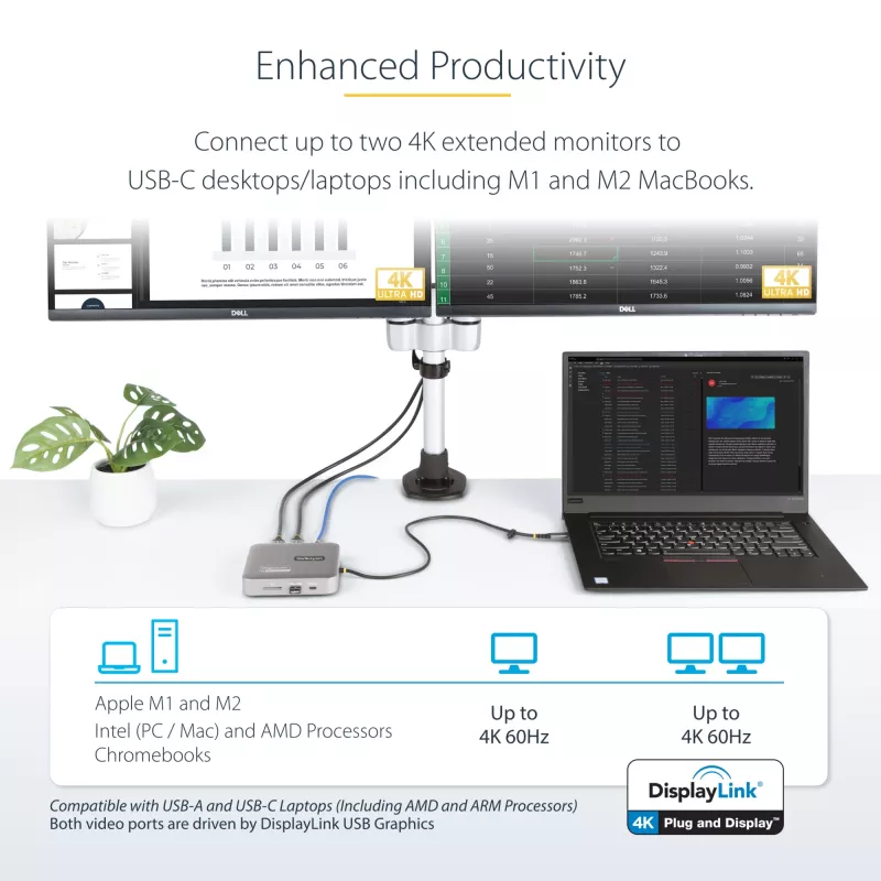 StarTech.com USB-C-telakointiasema, Dual 4K 60Hz HDMI, yhteensopiva Macbook Pro (M1/M2/M3/M4) ja Windows, USB-A/USB-C 10Gbps-keskitin, 100W Power Delivery, GbE, SD, 56cm kaapeli