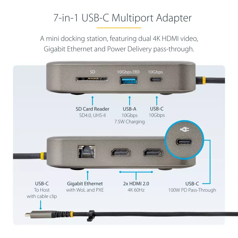 StarTech.com USB-C-telakointiasema, Dual 4K 60Hz HDMI, yhteensopiva Macbook Pro (M1/M2/M3/M4) ja Windows, USB-A/USB-C 10Gbps-keskitin, 100W Power Delivery, GbE, SD, 56cm kaapeli