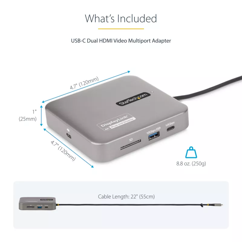 StarTech.com USB-C-telakointiasema, Dual 4K 60Hz HDMI, yhteensopiva Macbook Pro (M1/M2/M3/M4) ja Windows, USB-A/USB-C 10Gbps-keskitin, 100W Power Delivery, GbE, SD, 56cm kaapeli