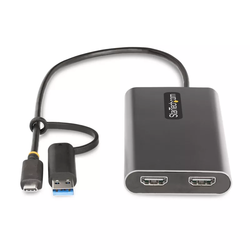 StarTech.com USB-C - Dual-HDMI-sovitin – USB-C tai A - 2x HDMI – 4K 60Hz – 100W Power Delivery -läpivienti – 30 cm (1ft) integroitu kaapeli – USB-HDMI-moninäyttömuunnin kannettavalle – TAA