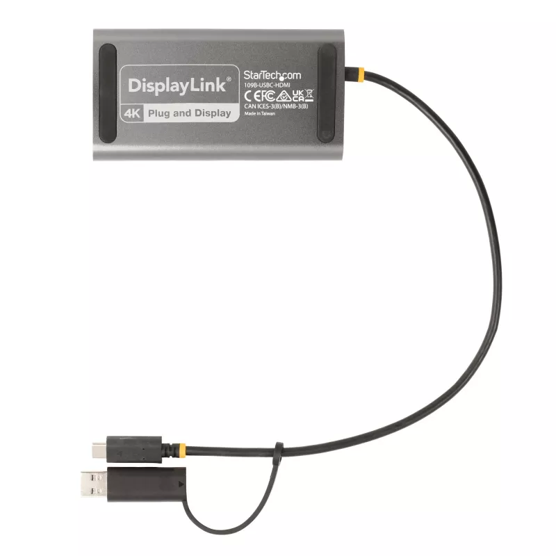 StarTech.com USB-C - Dual-HDMI-sovitin – USB-C tai A - 2x HDMI – 4K 60Hz – 100W Power Delivery -läpivienti – 30 cm (1ft) integroitu kaapeli – USB-HDMI-moninäyttömuunnin kannettavalle – TAA