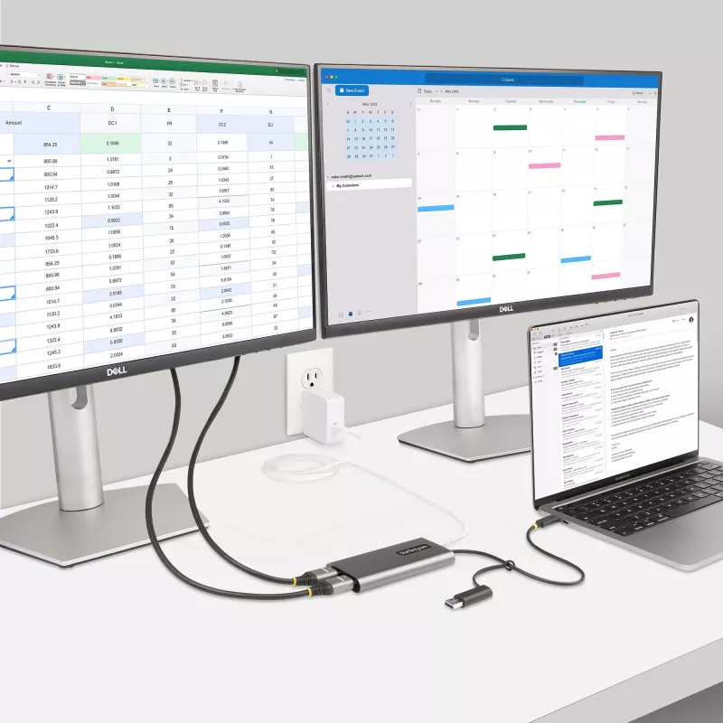 StarTech.com USB-C - Dual-HDMI-sovitin – USB-C tai A - 2x HDMI – 4K 60Hz – 100W Power Delivery -läpivienti – 30 cm (1ft) integroitu kaapeli – USB-HDMI-moninäyttömuunnin kannettavalle – TAA