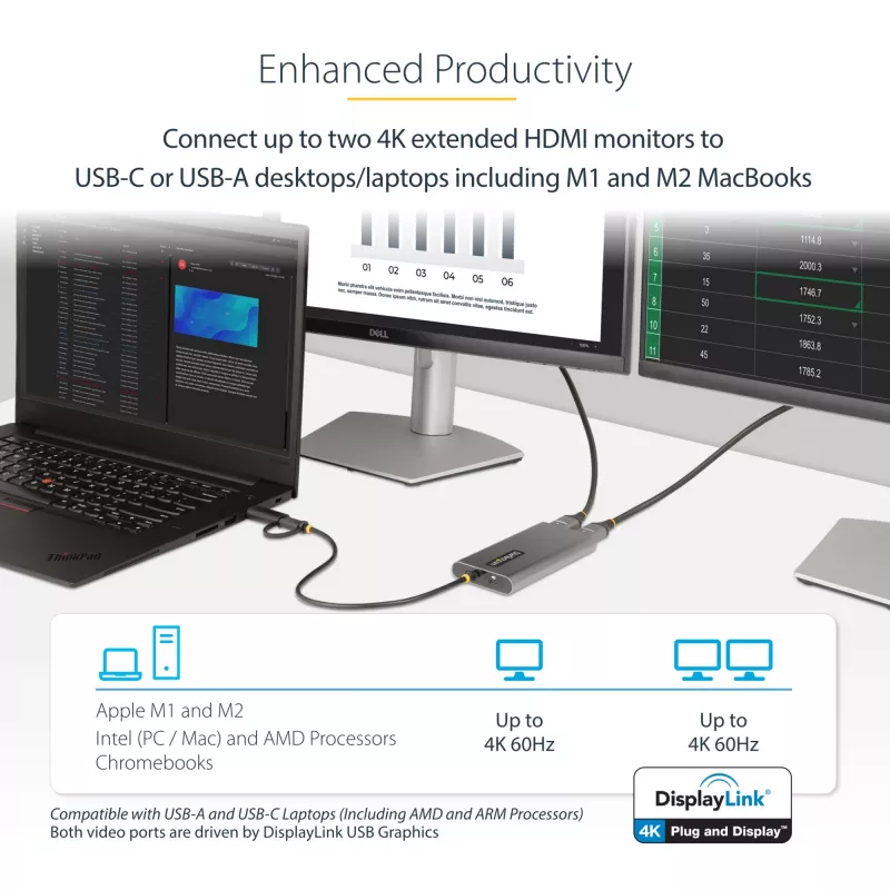 StarTech.com USB-C - Dual-HDMI-sovitin – USB-C tai A - 2x HDMI – 4K 60Hz – 100W Power Delivery -läpivienti – 30 cm (1ft) integroitu kaapeli – USB-HDMI-moninäyttömuunnin kannettavalle – TAA