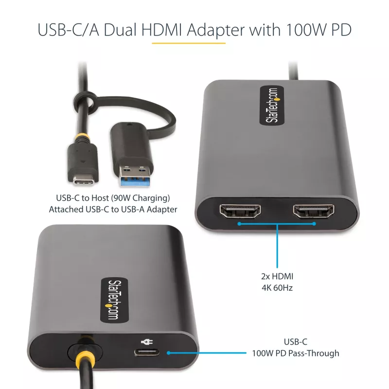 StarTech.com USB-C - Dual-HDMI-sovitin – USB-C tai A - 2x HDMI – 4K 60Hz – 100W Power Delivery -läpivienti – 30 cm (1ft) integroitu kaapeli – USB-HDMI-moninäyttömuunnin kannettavalle – TAA
