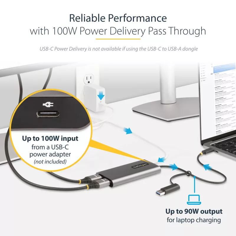 StarTech.com USB-C - Dual-HDMI-sovitin – USB-C tai A - 2x HDMI – 4K 60Hz – 100W Power Delivery -läpivienti – 30 cm (1ft) integroitu kaapeli – USB-HDMI-moninäyttömuunnin kannettavalle – TAA