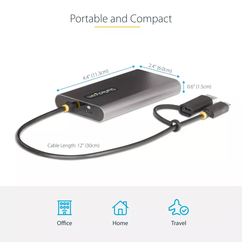 StarTech.com USB-C - Dual-HDMI-sovitin – USB-C tai A - 2x HDMI – 4K 60Hz – 100W Power Delivery -läpivienti – 30 cm (1ft) integroitu kaapeli – USB-HDMI-moninäyttömuunnin kannettavalle – TAA