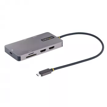 StarTech.com USB-C-moniporttisovitin, Dual-HDMI-video, 4K 60Hz, 2x 5 Gbit/s USB-A-keskitin, 100 W Power Delivery -läpivienti/GbE/SD/MicroSD, 30 cm kaapeli, matkatelakka, kannettavan telakointiasema