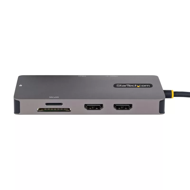 StarTech.com USB-C-moniporttisovitin, Dual-HDMI-video, 4K 60Hz, 2x 5 Gbit/s USB-A-keskitin, 100 W Power Delivery -läpivienti/GbE/SD/MicroSD, 30 cm kaapeli, matkatelakka, kannettavan telakointiasema