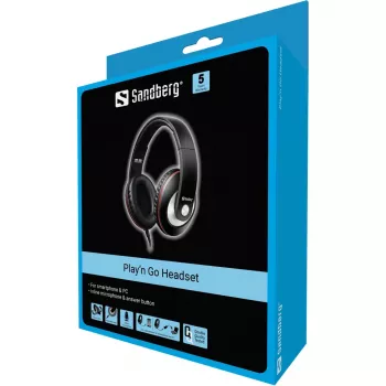 Sandberg Play'n Go -headset musta, johdollinen, puhelut/musiikki, 20 - 20000 Hz, 430 g, headset, musta