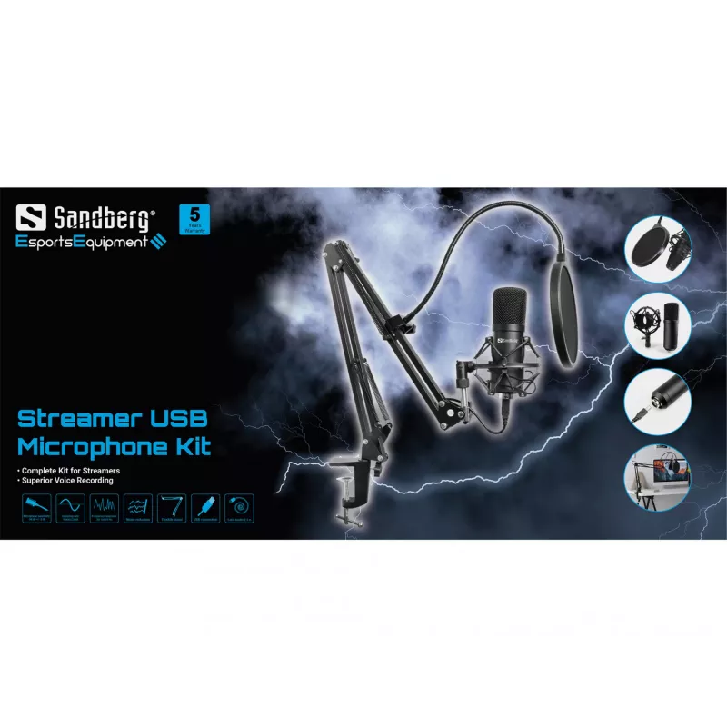Sandberg Streamer USB -mikrofonisarja, studiomikrofoni, -27 dB, 30 - 16000 Hz, 24 bit, 96 kHz, yksisuuntainen