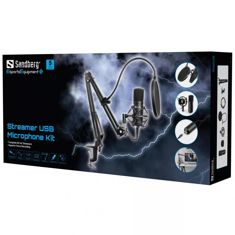 Sandberg Streamer USB -mikrofonisarja, studiomikrofoni, -27 dB, 30 - 16000 Hz, 24 bit, 96 kHz, yksisuuntainen
