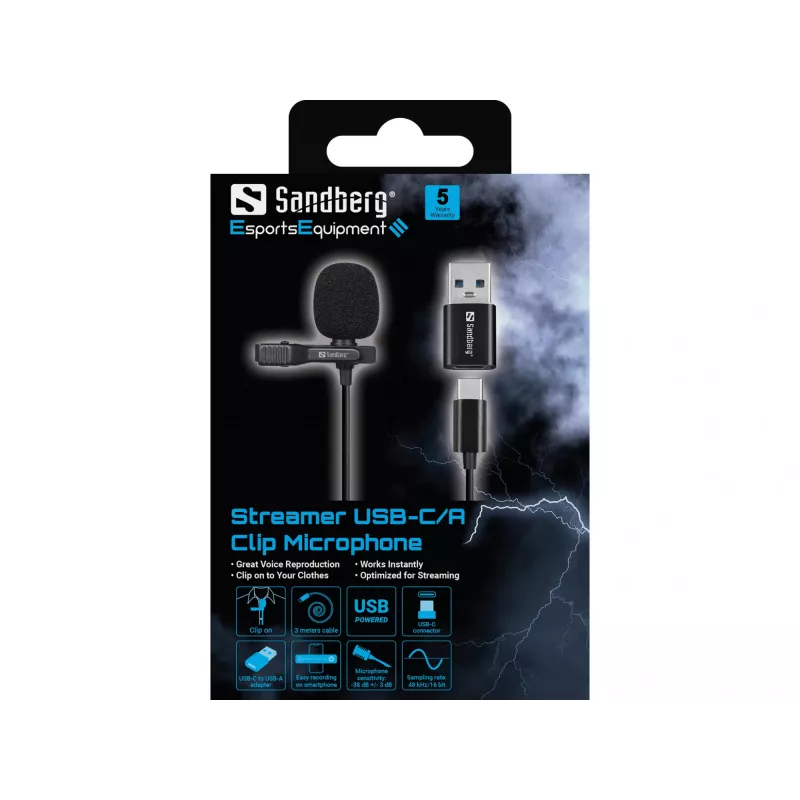 Sandberg Streamer USB -klipsimikrofoni, lavalier-/kiinnitettävä mikrofoni, -38 dB, 50 - 18000 Hz, 16 bit, 48 kHz, 84 dB