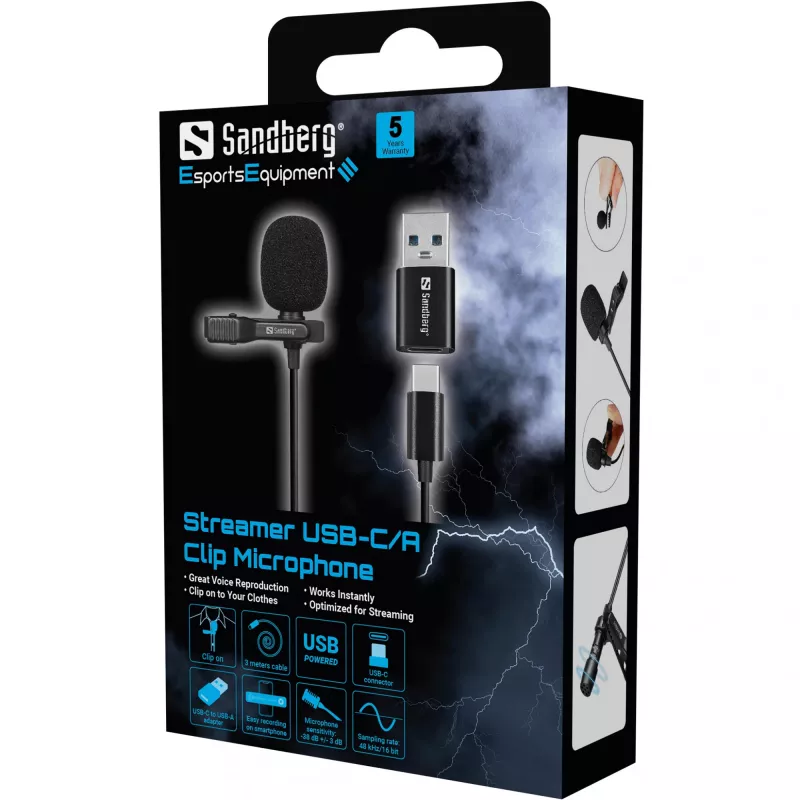 Sandberg Streamer USB -klipsimikrofoni, lavalier-/kiinnitettävä mikrofoni, -38 dB, 50 - 18000 Hz, 16 bit, 48 kHz, 84 dB