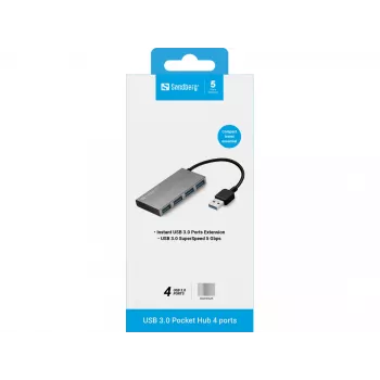 Sandberg USB 3.0 Pocket Hub 4 porttia, USB 3.2 Gen 1 (3.1 Gen 1) Type-A, USB 3.2 Gen 1 (3.1 Gen 1) Type-A, 5000 Mbit/s, valkoinen, alumiini, RoHS