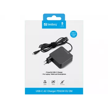 Sandberg USB-C AC -laturi PD65W EU 2M, sisäkäyttö, AC, 20 V, 1 m, musta