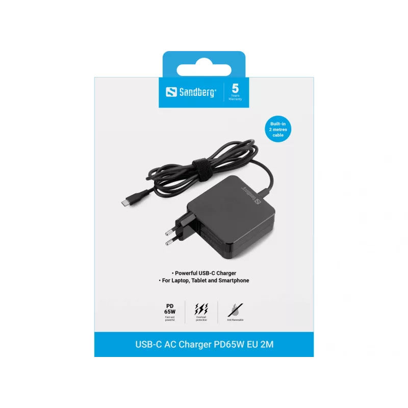 Sandberg USB-C AC -laturi PD65W EU 2M, sisäkäyttö, AC, 20 V, 1 m, musta