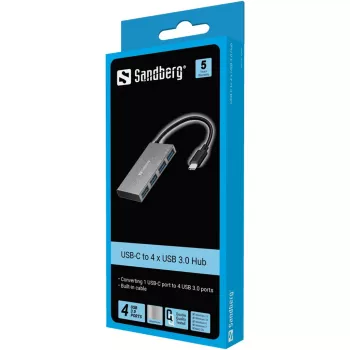 Sandberg USB-C - 4x USB 3.0 Pocket Hub, USB 3.2 Gen 1 (3.1 Gen 1) Type-C, USB 3.2 Gen 1 (3.1 Gen 1) Type-A, valkoinen, alumiini, RoHS, Windows 10, Windows 7, Windows 8