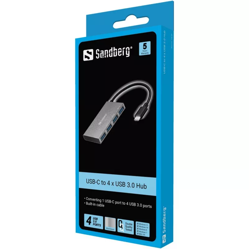 Sandberg 136-20 USB-C – 4x USB 3.0 taskukeskitin, alumiini, harmaa