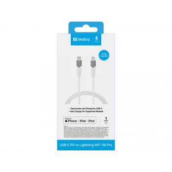 Sandberg USB-C PD - Lightning MFI 1M PRO, 1 m, Lightning, USB C, uros, uros, valkoinen