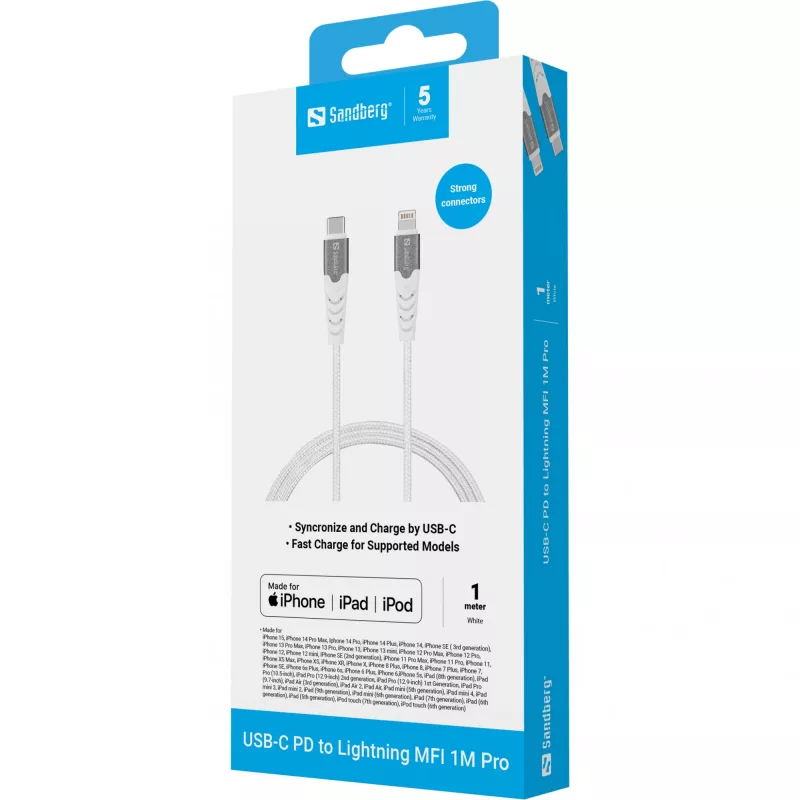Sandberg USB-C PD - Lightning MFI 1M PRO, 1 m, Lightning, USB C, uros, uros, valkoinen