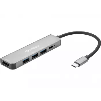 Sandberg USB-C -telakka HDMI+3xUSB+PD 100W, johdollinen, USB 3.2 Gen 1 (3.1 Gen 1) Type-C, 100 W, harmaa, 4K Ultra HD, alumiini