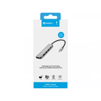 Sandberg USB-C -telakka HDMI+3xUSB+PD 100W, johdollinen, USB 3.2 Gen 1 (3.1 Gen 1) Type-C, 100 W, harmaa, 4K Ultra HD, alumiini