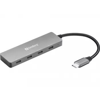 Sandberg USB-C – 4 x USB-C -keskitin, USB 3.2 Gen 1 (3.1 Gen 1) Type-C, USB 3.2 Gen 1 (3.1 Gen 1) Type-C, 10 000 Mbit/s, harmaa, alumiini, 0,15 m