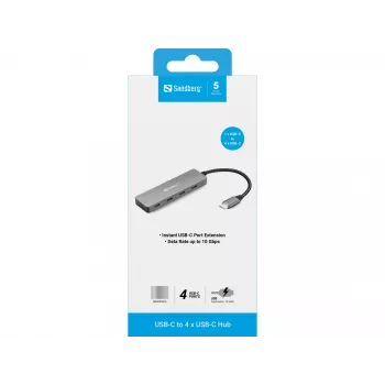 Sandberg USB-C – 4 x USB-C -keskitin, USB 3.2 Gen 1 (3.1 Gen 1) Type-C, USB 3.2 Gen 1 (3.1 Gen 1) Type-C, 10 000 Mbit/s, harmaa, alumiini, 0,15 m
