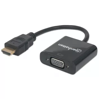 Manhattan HDMI–VGA-muunninkaapeli, 1080p, 30 cm, uros naaras, Micro-USB-virtatulo lisävirtaa varten tarvittaessa, musta, kolmen vuoden takuu, vastaa HD2VGAE2.