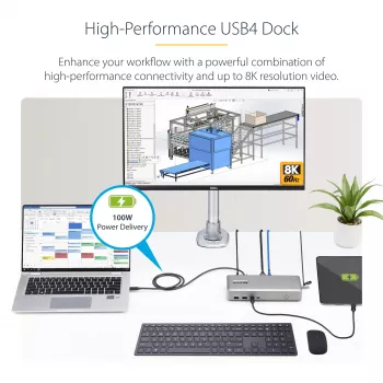 StarTech.com kahden näytön USB4-telakka, Dual 4K 120Hz tai Single 8K 60Hz HDMI, 100W kannettavan tietokoneen lataus, 2,5GbE, USB-C Multi-Monitor Dock, ajuriton