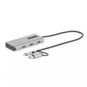 StarTech.com USB-C-moniporttiadapteri kiinnitetyllä USB-C–USB-A-adapterilla, Dual HDMI (4K30Hz/1080p60Hz), 3x USB-A 5Gbps, Mini Travel Dock, kannettavan telakka, 1,3ft/40cm kaapeli