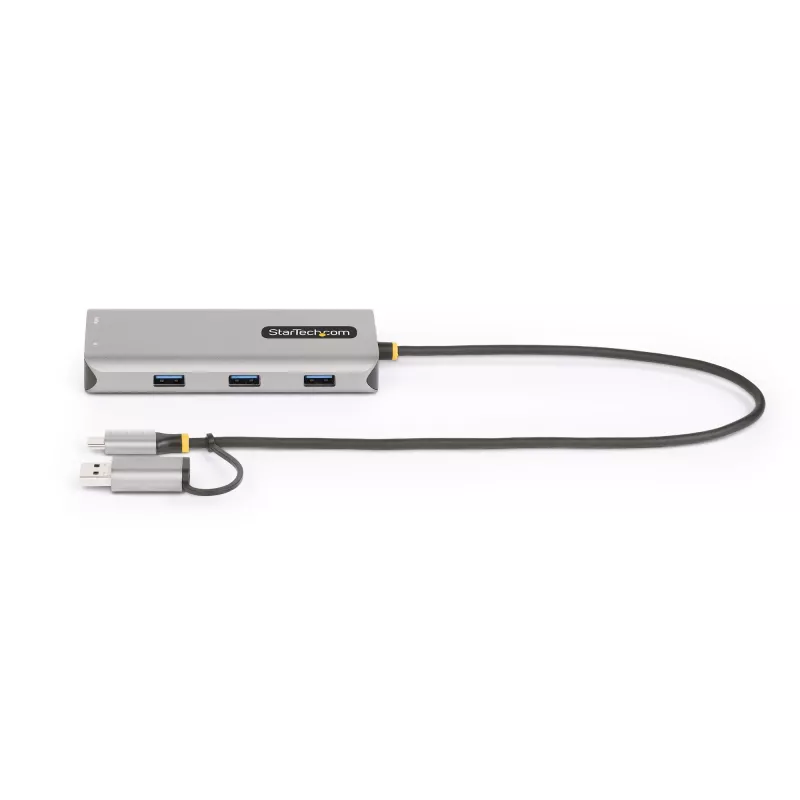 StarTech.com USB-C-moniporttiadapteri kiinnitetyllä USB-C–USB-A-adapterilla, Dual HDMI (4K30Hz/1080p60Hz), 3x USB-A 5Gbps, Mini Travel Dock, kannettavan telakka, 1,3ft/40cm kaapeli