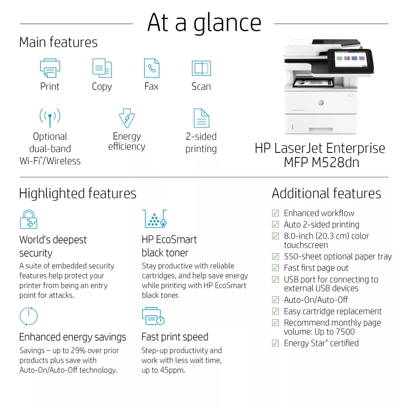 HP LaserJet Enterprise MFP M528dn, laser, monokromitulostus, 1200 x 1200 DPI, A4, suoratulostus, musta, valkoinen