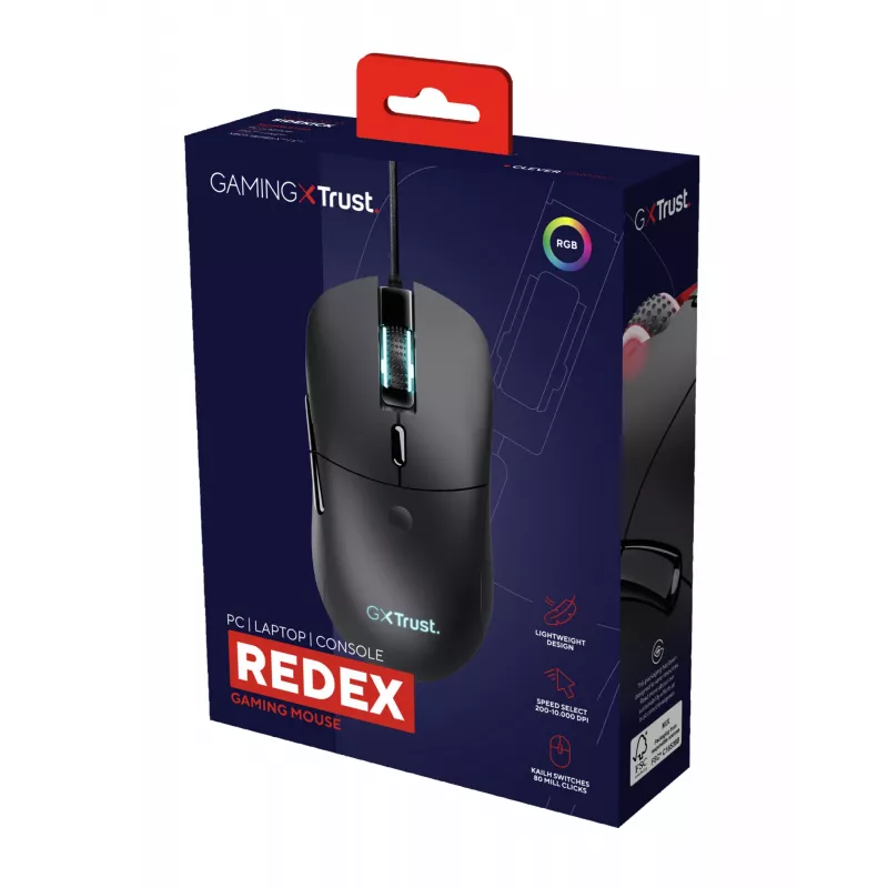 Trust GXT 981 Redex -hiiri, pelaaminen, oikeakätinen, USB Type-A, optinen, 10000 DPI