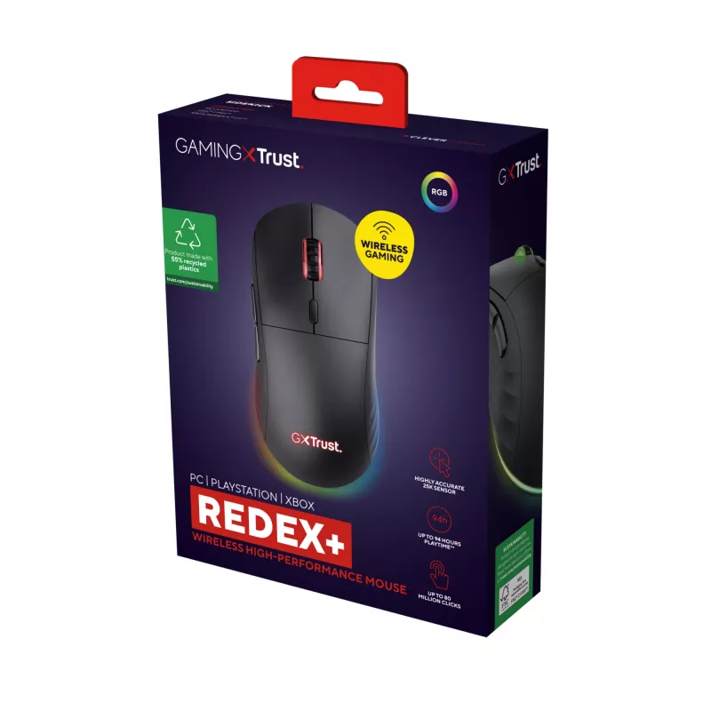 Trust GXT 927 Redex+ -hiiri, pelaaminen, oikeakätinen, RF langaton + USB Type-A, laser, 25600 DPI