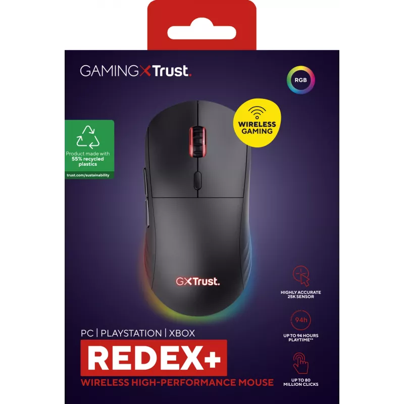 Trust GXT 927 Redex+ -hiiri, pelaaminen, oikeakätinen, RF langaton + USB Type-A, laser, 25600 DPI
