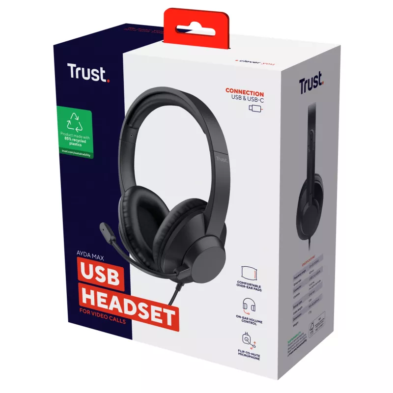 Trust Ayda Max USB -kuulokemikrofoni, johdollinen, pääpanta, toimisto/call center, USB Type-C / USB Type-A, musta