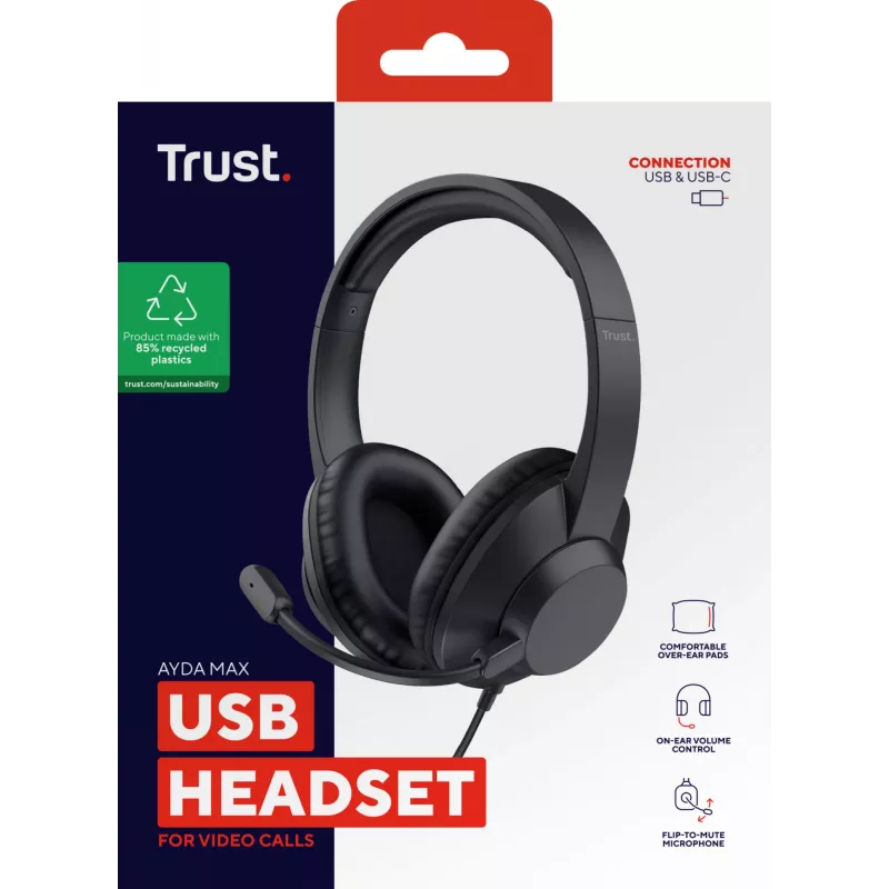 Trust Ayda Max USB -kuulokemikrofoni, johdollinen, pääpanta, toimisto/call center, USB Type-C / USB Type-A, musta