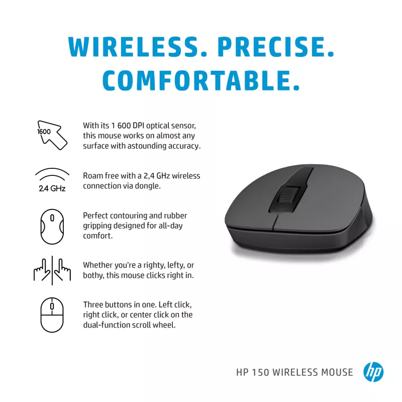 HP 150 langaton hiiri, molempikätinen, optinen, RF Wireless, 1600 dpi, musta