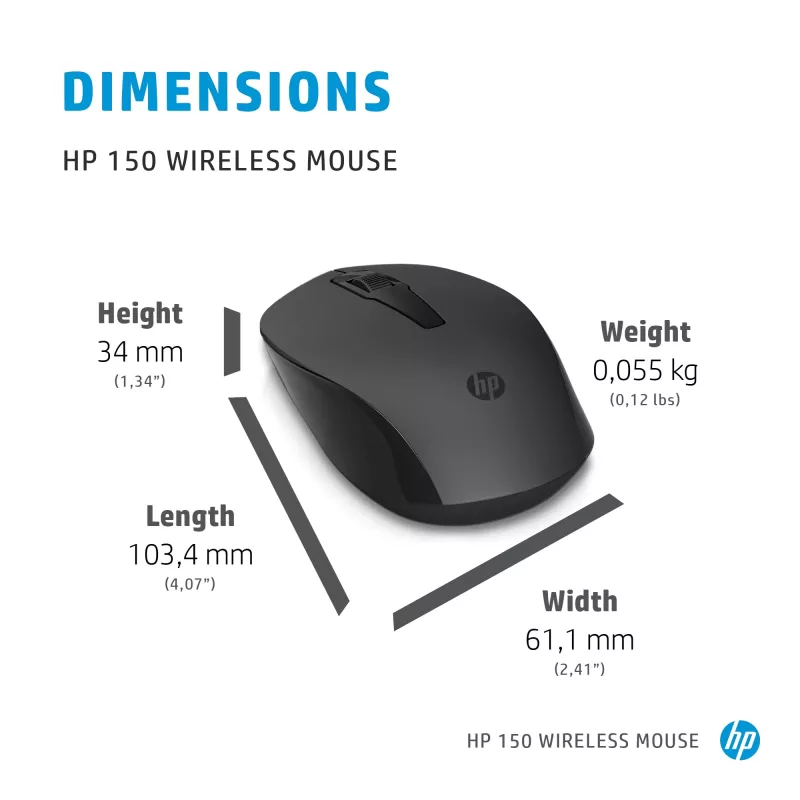 HP 150 langaton hiiri, molempikätinen, optinen, RF Wireless, 1600 dpi, musta