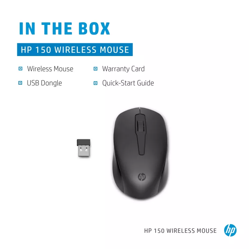 HP 150 langaton hiiri, molempikätinen, optinen, RF Wireless, 1600 dpi, musta