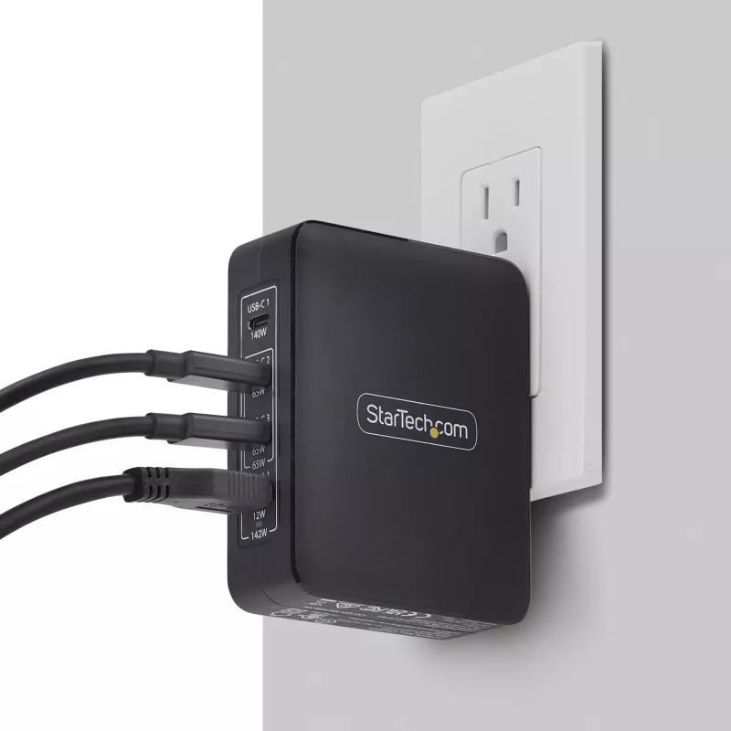 StarTech.com 140W USB-C seinälaturi, 3x USB-C/1x USB-A, PD 3.1 kansainvälinen GaN-virtalähde MacBook/Dell XPS/Inspiron