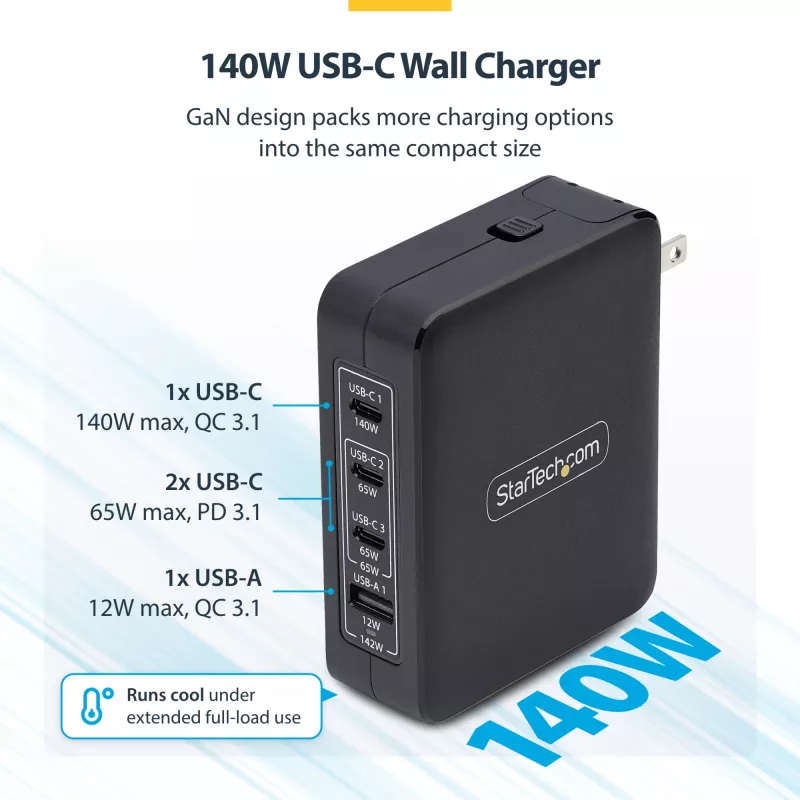 StarTech.com 140W USB-C seinälaturi, 3x USB-C/1x USB-A, PD 3.1 kansainvälinen GaN-virtalähde MacBook/Dell XPS/Inspiron