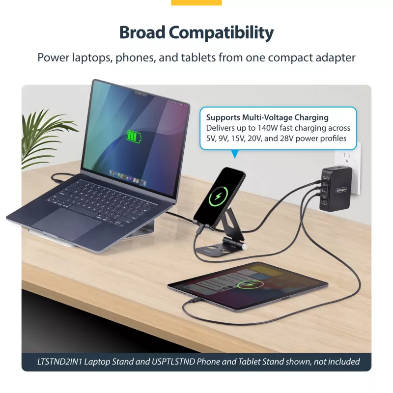 StarTech.com 140W USB-C seinälaturi, 3x USB-C/1x USB-A, PD 3.1 kansainvälinen GaN-virtalähde MacBook/Dell XPS/Inspiron