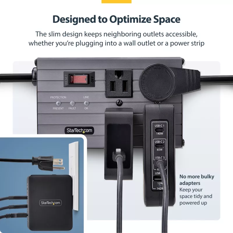 StarTech.com 140W USB-C seinälaturi, 3x USB-C/1x USB-A, PD 3.1 kansainvälinen GaN-virtalähde MacBook/Dell XPS/Inspiron