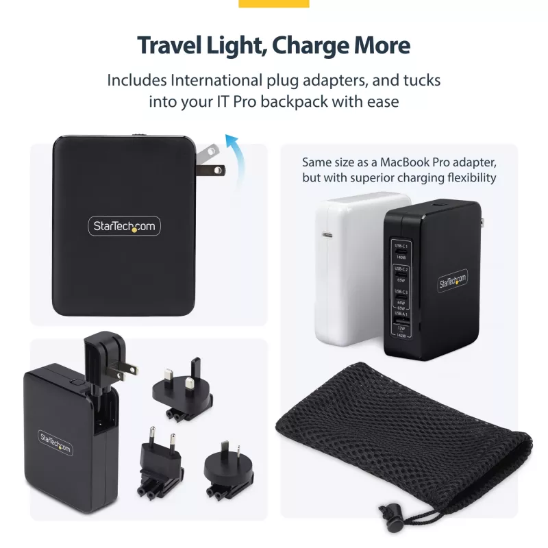 StarTech.com 140W USB-C seinälaturi, 3x USB-C/1x USB-A, PD 3.1 kansainvälinen GaN-virtalähde MacBook/Dell XPS/Inspiron